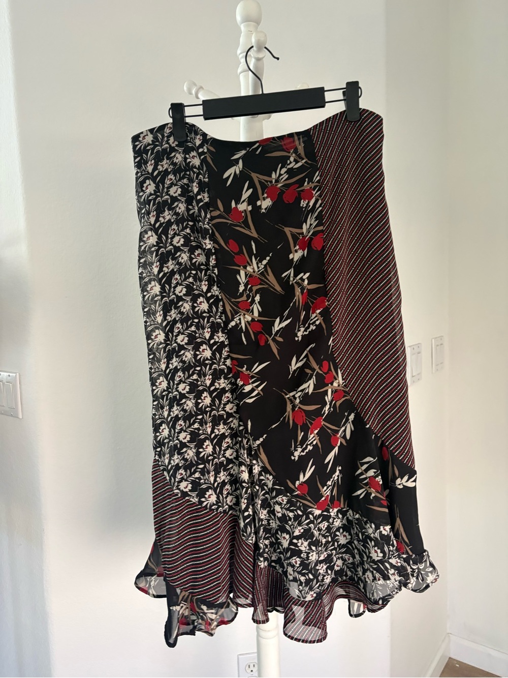 George Black Floral Patchwork Asymmetrical Ruffle Skirt with Red Accents